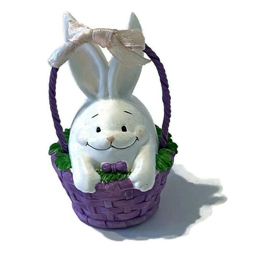White Bunny Tree Ornament Egg Shaped Painted Purple Easter Basket Rabbit